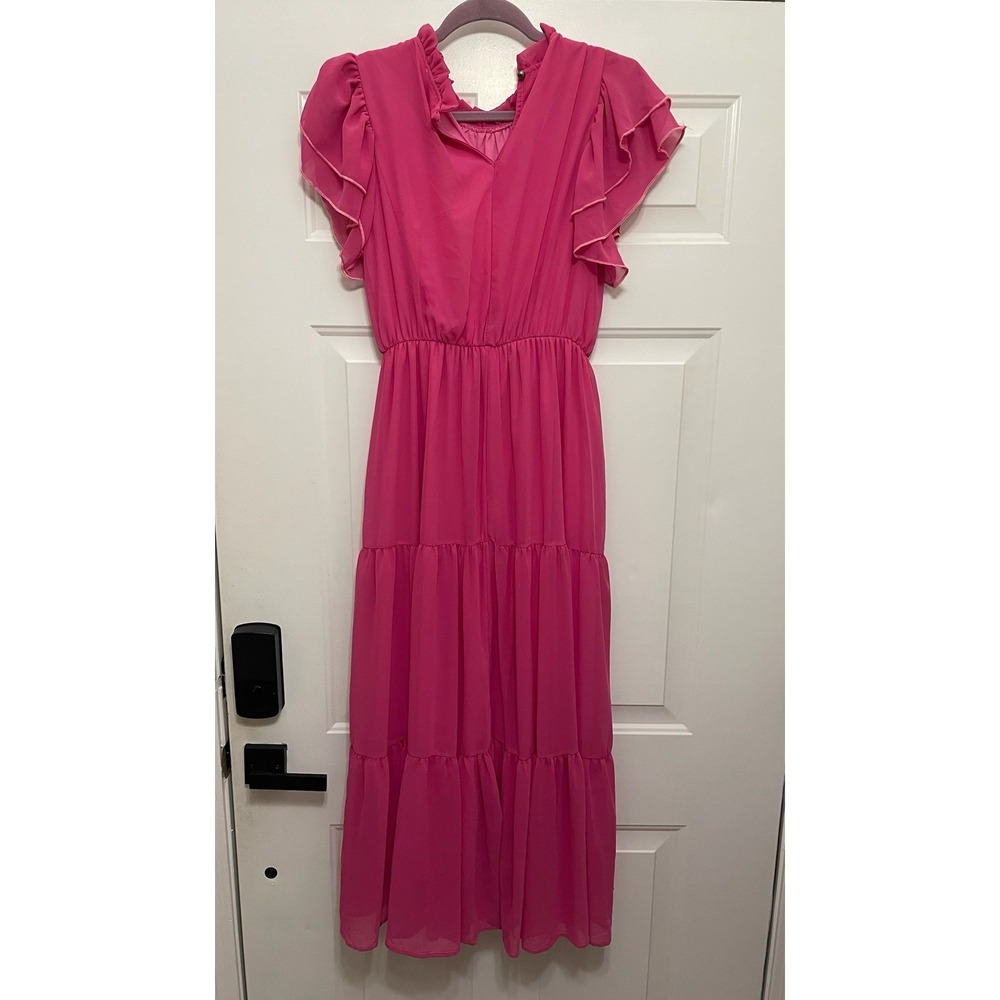 Haptics By Holly‎ Harper Women M Pink Tiered Maxi Dress Flutter Sleeve Boho Chic - Picture 2 of 4
